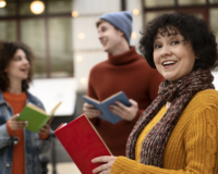 gruppo di persone che leggono ad alta voce all'aperto