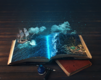 immagine fantasiosa di un libro aperto con una nave in tempesta