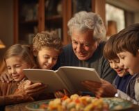 Nonno che legge ad alta voce un libro a quattro bambini, scena familiare che mostra i benefici della lettura ad alta voce per memoria, attenzione e relazione.