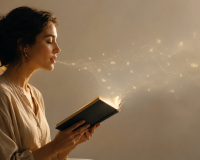 Pausa nella lettura ad alta voce: donna che legge un libro mentre parole luminose evocano respiro, silenzio e ascolto.